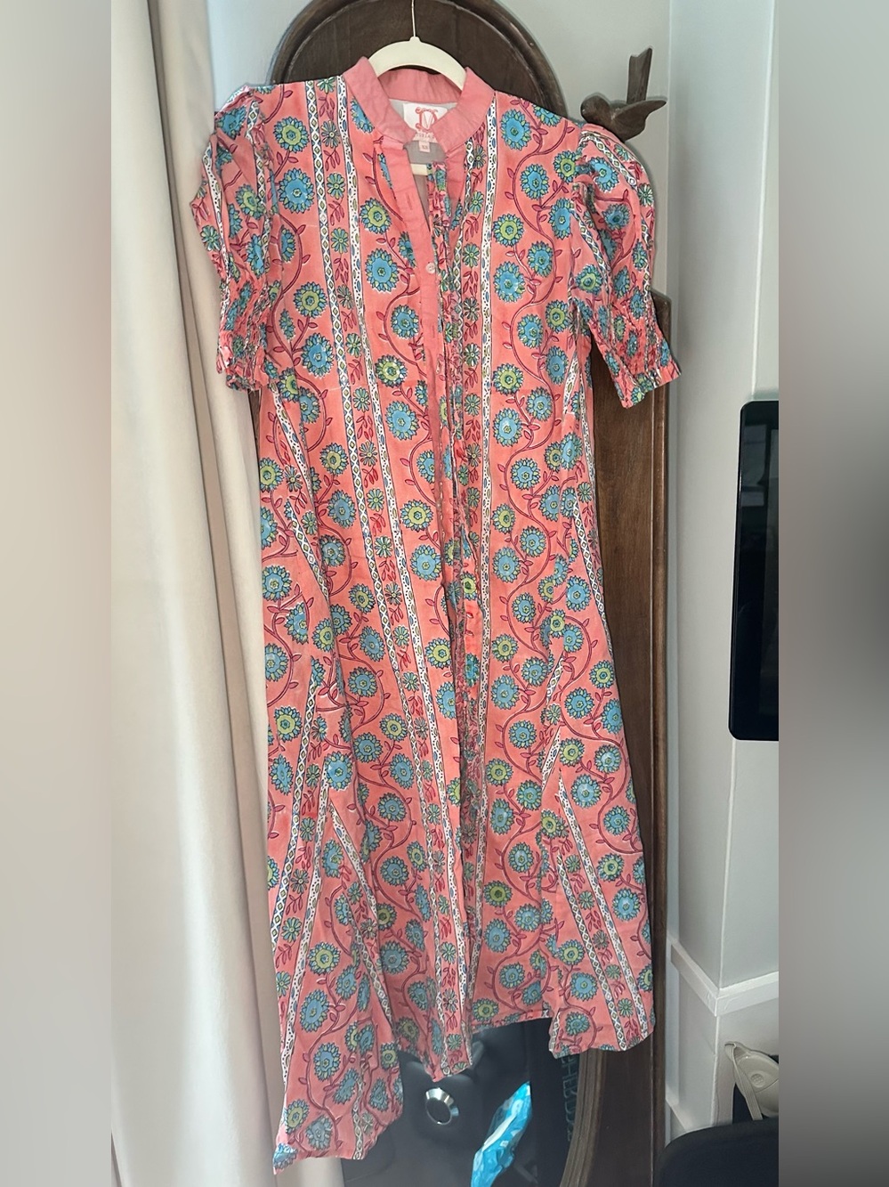 Victoria Dunn Coral Pink Floral Midi Dress with Blue & Green Accents